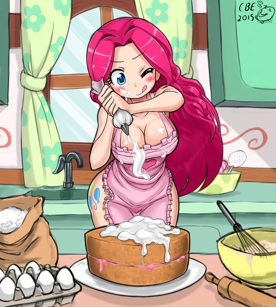 Anime picture 1412x1568 with crimson bug eye single long hair tall image blush breasts blue eyes light erotic smile large breasts signed pink hair one eye closed wink no bra no panties :p naked apron 2015 girl