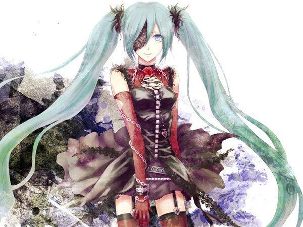 Anime picture 1024x768 with vocaloid hatsune miku hitoha single long hair fringe smile twintails aqua eyes aqua hair sleeveless torn clothes weightlessness girl thighhighs dress hair ornament flower (flowers) belt pendant