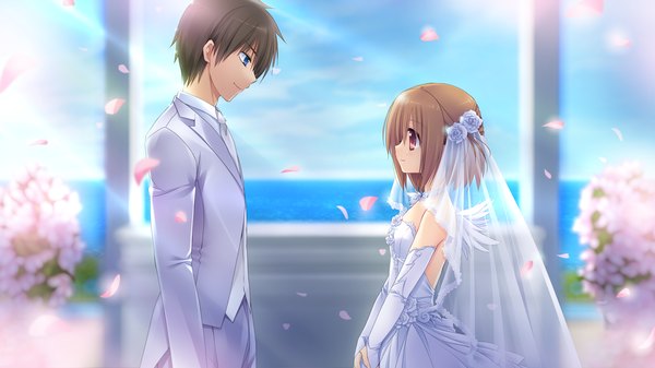 Anime picture 1280x720 with yumeiro alouette! takanae kyourin short hair blue eyes black hair red eyes brown hair wide image game cg girl dress boy flower (flowers) detached sleeves petals wedding dress