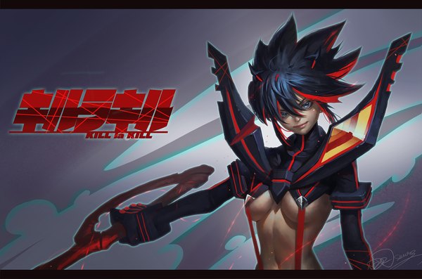Anime picture 1800x1193 with kill la kill studio trigger matoi ryuuko or seven single long hair looking at viewer highres blue eyes light erotic smile signed blue hair multicolored hair two-tone hair bare belly streaked hair underboob spiked hair girl