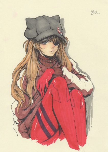 Anime picture 2324x3291 with neon genesis evangelion rebuild of evangelion evangelion: 3.0 you can (not) redo gainax soryu asuka langley shikinami asuka langley jdarnell single long hair tall image looking at viewer blush highres simple background brown hair sitting signed grey eyes traditional media girl