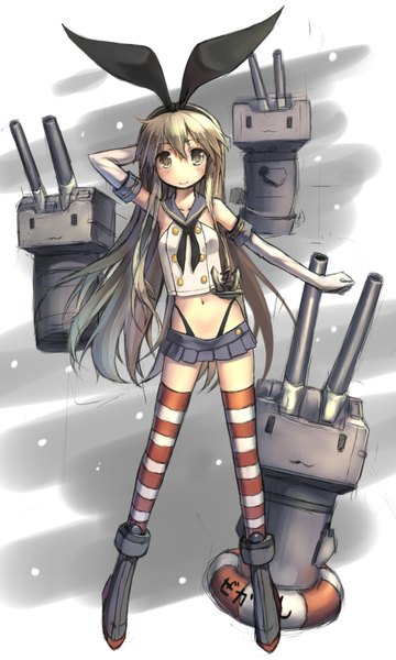 Anime picture 1200x2000 with kantai collection shimakaze destroyer rensouhou-chan hoshi no gen single long hair tall image blush light erotic smile grey hair hand on head girl thighhighs skirt gloves navel underwear panties bow