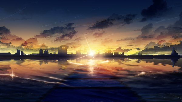 Anime picture 1920x1080 with original y y (ysk ygc) highres wide image sky cloud (clouds) landscape scenic morning sunrise sea building (buildings) sun