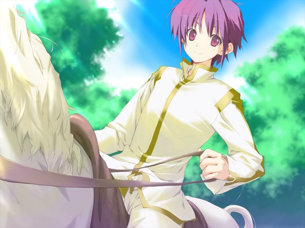 Anime picture 1600x1200 with happy margaret tsuwabuki akira kokonoka looking at viewer short hair smile purple eyes game cg sky purple hair sunlight riding girl plant (plants) animal tree (trees) horse