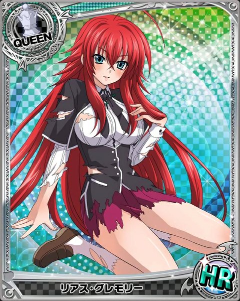 Anime picture 640x800 with highschool dxd rias gremory single tall image looking at viewer blue eyes red hair very long hair torn clothes card (medium) girl skirt uniform school uniform miniskirt socks white socks red skirt