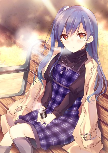 Anime picture 566x800 with idolmaster kisaragi chihaya kokusan moyashi single long hair tall image looking at viewer blush fringe breasts sitting holding brown eyes blue hair braid (braids) long sleeves from above open jacket one side up flat chest