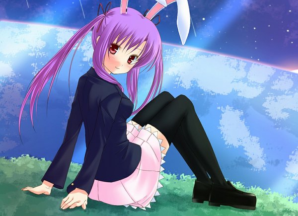 Anime picture 1024x744 with touhou reisen udongein inaba nigo (aozoragarou) single long hair red eyes sitting purple hair looking back bunny ears bunny girl girl thighhighs skirt black thighhighs miniskirt boots star (stars)