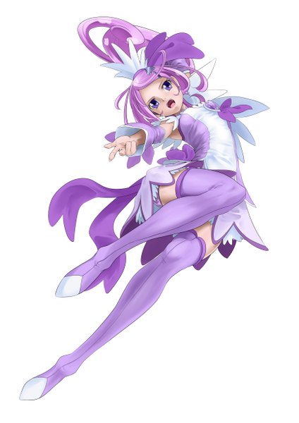 Anime picture 1736x2456 with precure dokidoki! precure toei animation kenzaki makoto cure sword nukosann single long hair tall image highres open mouth white background purple eyes purple hair ponytail girl dress detached sleeves thigh boots