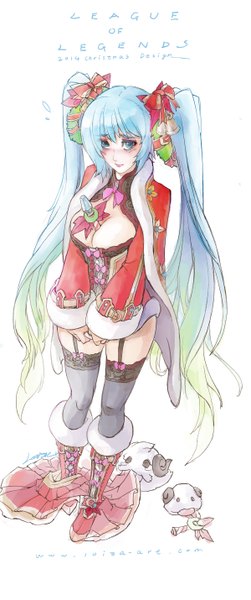 Anime picture 1200x2858 with league of legends sona buvelle poro (league of legends) loiza single tall image looking at viewer blush breasts blue eyes light erotic simple background white background twintails very long hair multicolored hair christmas gradient hair merry christmas girl