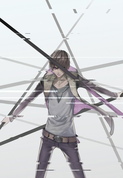 Anime picture 1024x1481 with original mins (minevi) single tall image looking at viewer fringe short hair open mouth brown hair standing purple eyes grey background open clothes open jacket spread arms scar boy jacket belt jeans