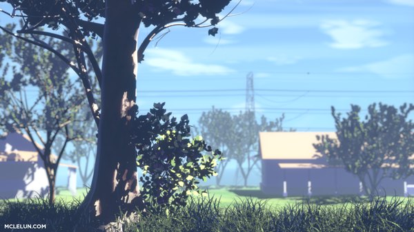 Anime picture 1920x1080 with 5 centimeters per second original mclelun highres wide image sky cloud (clouds) sunlight shadow wallpaper no people 3d plant (plants) tree (trees) building (buildings) grass power lines bushes
