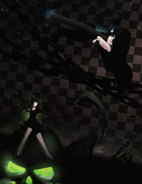 Anime picture 1262x1633 with black rock shooter black rock shooter (character) dead master mins (minevi) long hair tall image fringe black hair smile twintails multiple girls green eyes braid (braids) horn (horns) legs twin braids glowing glowing eye (eyes) fighting stance battle