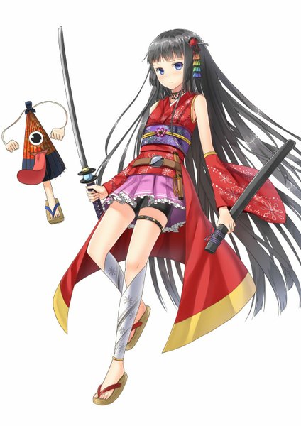 Anime picture 1060x1500 with original alexmaster single long hair tall image blush blue eyes black hair simple background white background traditional clothes japanese clothes girl weapon sword katana