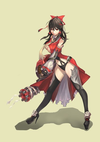 Anime picture 2480x3507 with touhou hakurei reimu kikira single long hair tall image highres breasts light erotic black hair simple background red eyes traditional clothes shadow high heels torn clothes miko green background girl thighhighs