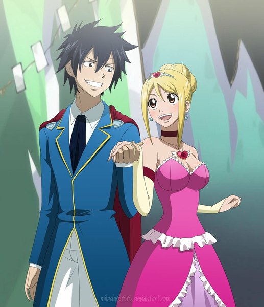Anime picture 1024x1188 with fairy tail lucy heartfilia gray fullbuster milady666 long hair tall image blush short hair open mouth black hair simple background blonde hair smile brown eyes black eyes holding hands girl dress boy detached sleeves