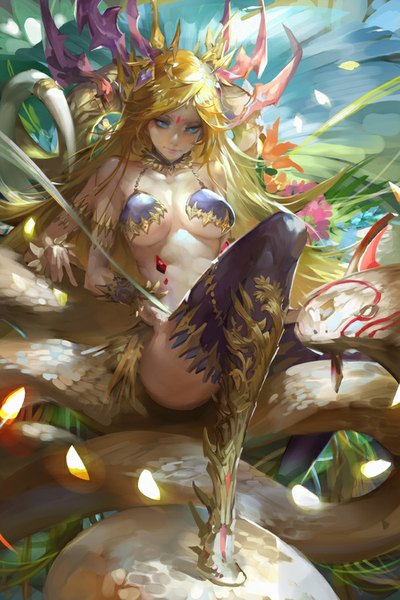 Anime picture 600x900 with youshun (naturaljuice) single tall image light erotic blonde hair looking away very long hair aqua eyes bare belly facial mark reclining girl boots headdress necklace crystal