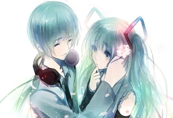 Anime picture 1000x688 with vocaloid hatsune miku hatsune mikuo shell (pixiv) long hair simple background smile white background twintails holding ponytail eyes closed long sleeves hair flower aqua eyes aqua hair tattoo headphones around neck girl boy
