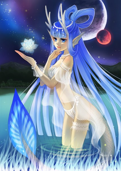 Anime picture 1000x1415 with original huazha01 single tall image fringe open mouth blue eyes light erotic smile bare shoulders animal ears blue hair tail very long hair horn (horns) night sky mountain lake girl navel