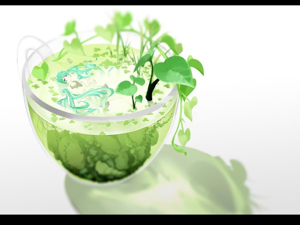 Anime picture 1600x1200 with vocaloid hatsune miku irena (artist) single long hair looking at viewer fringe blue eyes simple background white background twintails bent knee (knees) aqua hair shadow girl skirt plant (plants) miniskirt leaf (leaves) cup