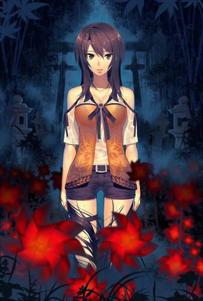 Anime picture 688x1019 with fatal frame fatal frame 5 hullabaloo single long hair tall image looking at viewer brown hair standing bare shoulders night grey eyes rain wet clothes bamboo forest girl flower (flowers) tree (trees) shorts belt