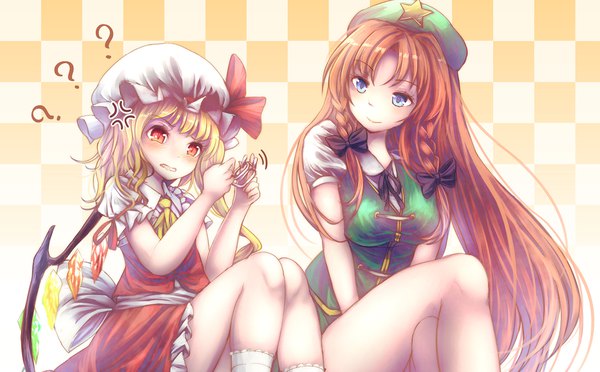 Anime picture 1820x1130 with touhou flandre scarlet hong meiling t.m (aqua6233) long hair blush fringe highres breasts blue eyes blonde hair smile red eyes wide image multiple girls looking away red hair braid (braids) traditional clothes teeth