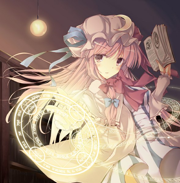 Anime picture 785x800 with touhou patchouli knowledge hasuga sea single long hair tall image looking at viewer blush fringe pink hair indoors pink eyes wind outstretched arm magic girl bow hair bow book (books) bonnet
