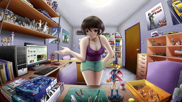 Anime picture 1920x1080 with neon genesis evangelion onegai teacher original gainax ayanami rei kazami mizuho ilolamai looking at viewer blush highres short hair black hair wide image yellow eyes girl earrings shorts bed table room