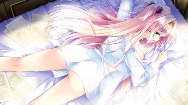 Anime picture 1920x1080 with golden marriage ensemble (studio) amaya rei single long hair blush highres open mouth blue eyes light erotic wide image pink hair game cg lying girl shirt hairband bed paper