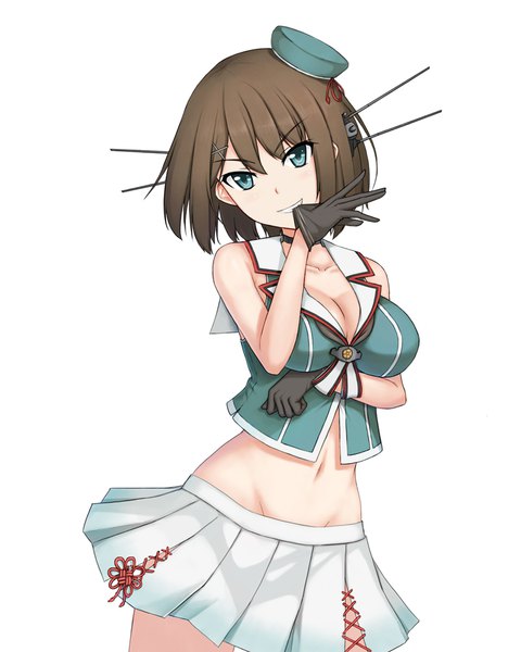 Anime picture 800x1000 with kantai collection maya heavy cruiser ghound single tall image looking at viewer fringe short hair breasts light erotic simple background smile brown hair large breasts white background bare shoulders holding head tilt pleated skirt aqua eyes