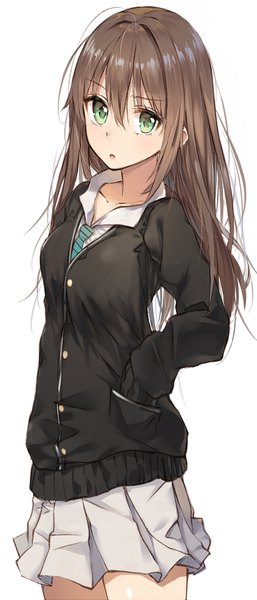 Anime picture 807x1883 with idolmaster idolmaster cinderella girls shibuya rin rikoma long hair tall image looking at viewer fringe simple background hair between eyes brown hair white background brown eyes long sleeves parted lips pleated skirt :o hand in pocket skirt uniform