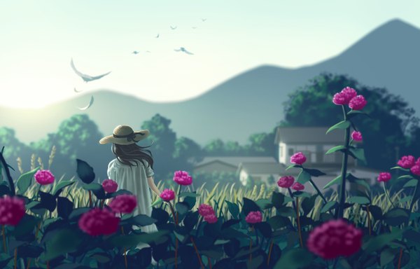 Anime picture 1500x960 with original doora (dora0913) single long hair black hair mountain girl dress flower (flowers) plant (plants) hat animal tree (trees) bird (birds) straw hat