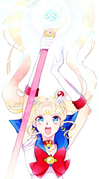 Anime picture 505x911 with bishoujo senshi sailor moon toei animation tsukino usagi sailor moon yukinami (paru26i) single long hair tall image fringe open mouth blue eyes simple background blonde hair white background twintails signed hair bun (hair buns) dated light looking up