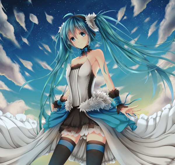 Anime picture 1800x1700 with 7th dragon 2020 vocaloid hatsune miku wsman single looking at viewer highres twintails bare shoulders sky cloud (clouds) very long hair aqua eyes light smile aqua hair girl thighhighs dress black thighhighs frills