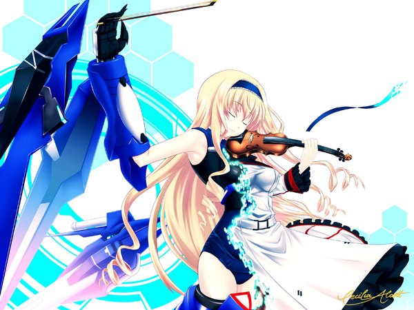 Anime picture 1920x1440 with infinite stratos 8bit cecilia orcott single long hair highres blonde hair eyes closed light smile girl uniform school uniform hairband mecha violin bow (instrument)