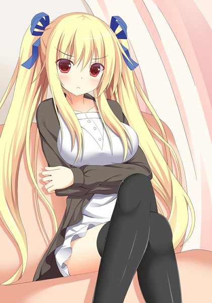 Anime picture 800x1142 with original ro-ichi single long hair tall image looking at viewer blush blonde hair red eyes sitting twintails crossed legs girl thighhighs dress ribbon (ribbons) black thighhighs hair ribbon