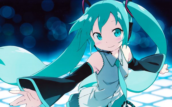 Anime picture 1680x1050 with vocaloid hatsune miku kanzaki hiro single long hair looking at viewer smile wide image twintails nail polish aqua eyes aqua hair spread arms vector cropped girl detached sleeves necktie headphones headset