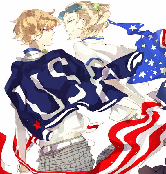 Anime picture 1050x1102 with inazuma eleven mark kruger dylan keith suou tall image short hair blue eyes blonde hair smile white background green eyes looking back boy glasses jacket flag