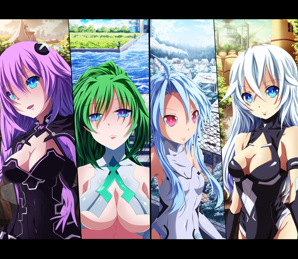 Anime picture 4822x4197 with choujigen game neptune purple heart black heart green heart white heart deohvi long hair highres breasts open mouth blue eyes light erotic smile large breasts multiple girls pink hair absurdres sky cloud (clouds) ahoge