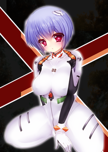 Anime picture 1254x1770 with neon genesis evangelion gainax ayanami rei yuncha tall image short hair light erotic red eyes blue hair girl pilot suit