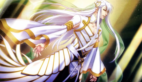 Anime picture 4883x2848 with kamigami no asobi brains base (studio) balder hringhorni yone kazuki single long hair looking at viewer fringe highres wide image standing absurdres braid (braids) profile lips wide sleeves twin braids spread arms boy hair ornament