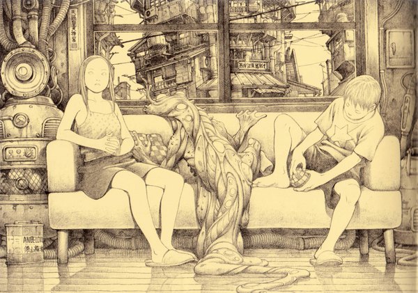 Anime picture 1642x1154 with cannabis works tanaka tatsuyuki long hair looking at viewer short hair sitting looking away monochrome girl boy skirt shoes shorts window toy couch robot slippers