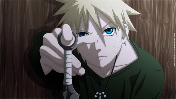 Anime picture 1280x720 with naruto studio pierrot naruto (series) uzumaki naruto slipknot31 single short hair blue eyes blonde hair wide image shadow coloring facial mark whisker markings jinchuriki boy weapon pendant wall kunai