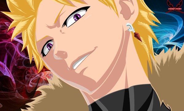 Anime picture 3313x2000 with fairy tail sting eucliffe animefanno1 highres short hair blonde hair smile wide image purple eyes piercing coloring close-up face boy earrings fur