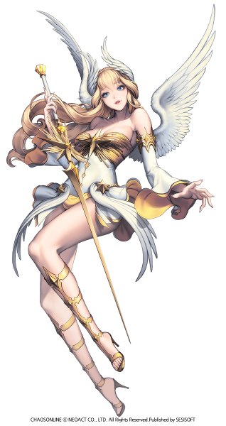 Anime picture 636x1200 with chaos online love cacao single long hair tall image looking at viewer blue eyes simple background blonde hair white background bare shoulders head wings girl dress weapon detached sleeves sword wings