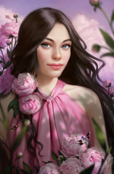 Anime picture 600x918 with original selenada single long hair tall image looking at viewer blush smile brown hair bare shoulders sky cloud (clouds) lips realistic shadow grey eyes wavy hair girl flower (flowers) insect