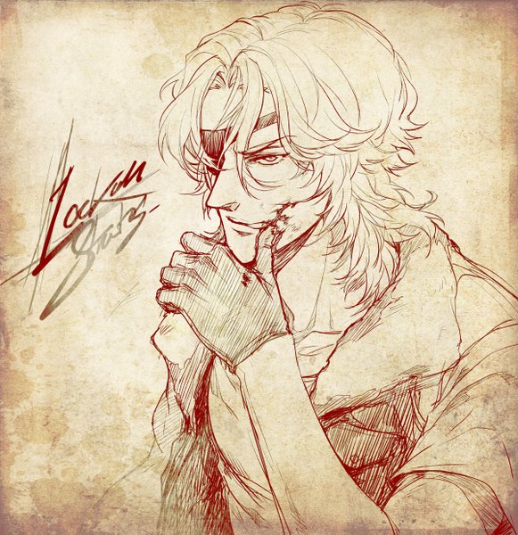 Anime picture 1200x1238 with mobile suit gundam mobile suit gundam 00 sunrise (studio) lockon stratos lyle dylandy keiho (pixiv) single tall image short hair blonde hair simple background signed monochrome drawing boy gloves jacket eyepatch