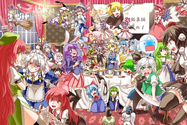 Anime picture 2163x1447 with touhou hakurei reimu flandre scarlet remilia scarlet kirisame marisa izayoi sakuya konpaku youmu patchouli knowledge yakumo yukari kochiya sanae saigyouji yuyuko shameimaru aya cirno reisen udongein inaba myon hong meiling kazami yuuka koakuma rumia yakumo ran