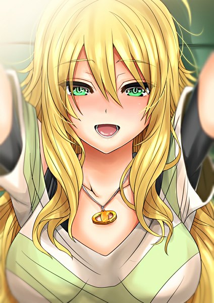 Anime picture 640x905 with idolmaster hoshii miki inu (marukome) single long hair tall image looking at viewer blush fringe breasts open mouth blonde hair smile green eyes girl choker clothes