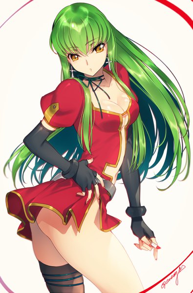 Anime picture 600x910 with code geass kiddy grade sunrise (studio) gonzo c.c. eclair (kiddy grade) creayus single long hair tall image fringe breasts open mouth light erotic simple background hair between eyes standing white background brown eyes signed