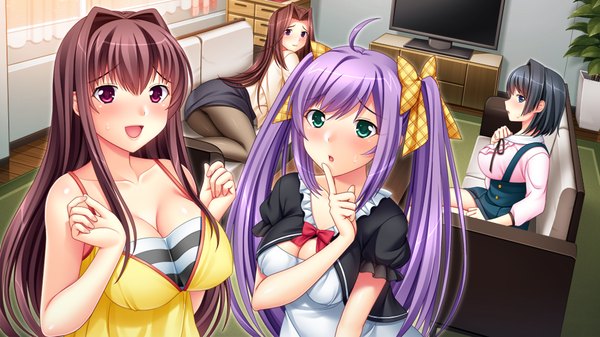Anime picture 1024x576 with papa doki! long hair blush short hair breasts open mouth blue eyes light erotic black hair brown hair wide image large breasts purple eyes multiple girls game cg purple hair girl dress bow hair bow